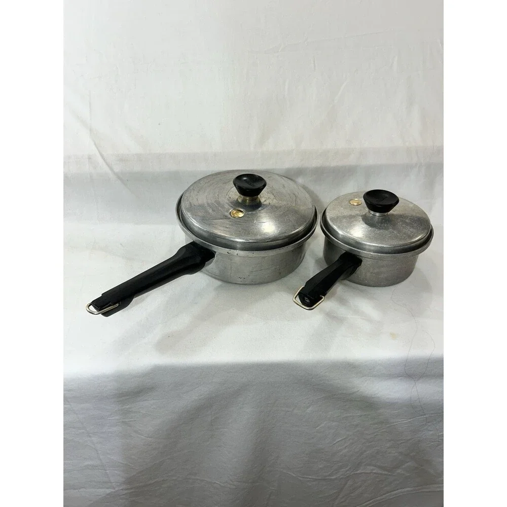 Vintage Mirro Aluminum Saucepan Set 1 Qt 2 Qt With Lids Steamer Vents